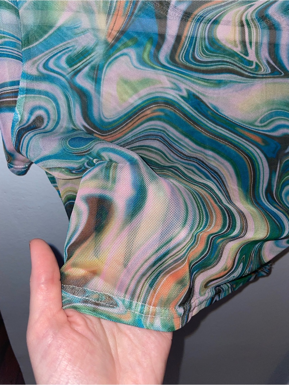 Womens Short Sleeve Swirl Print Mesh Top - Teal Multi - Picture 4 of 4